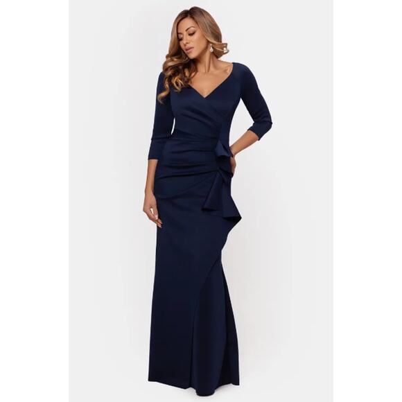 XSCAPE Women's Ruched Scuba Ruffle Gown Size 8 Midnight Blue 3/4 Sleeves NWT - Picture 2 of 10